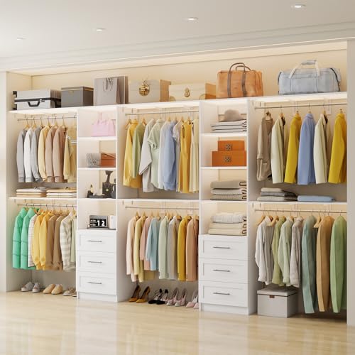 dooloric Closet System with 6 Drawers, 6FT-12FT Closet Organizer System with Cuttable Shelves Walk in Wooden Closet Storage System with 6 Hanging Rods Modular Closet, 2 Sets White