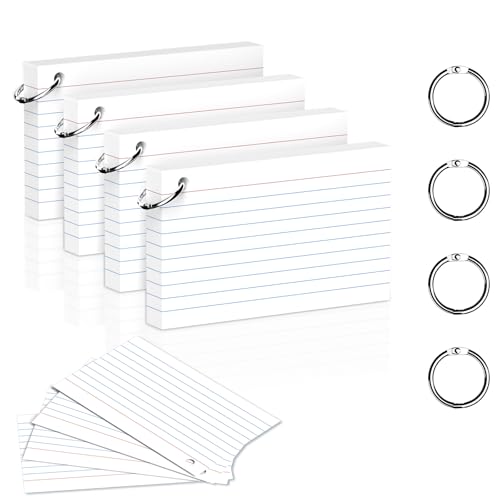 DORFAS 200 Count 3 x 5 Inch White Index Cards with Binder Rings, Lined & Blank Study Cards, Thick Cardstock Flash Cards for Students & Teachers, Color-Coded Notecards for School, Home, Work
