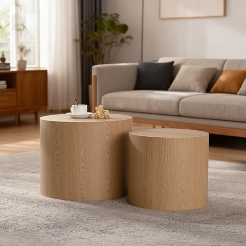 Dorivibe Nesting Round Coffee Table Set of 2, Accent End Table for Small Spaces, Morden Drum Side Table, Wooden Circle Center Table for Living Room, Fully Assembled - Natural