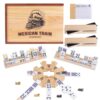 Double 15 Mexican Train Dominoes Set for Adults with 8 Wooden Trays, 8 Train Markers with Velvet Pouch, 136 Color Dot Tiles, Solid Wood Hub & Scorepad in Drawer Box – Classic Family Board Game Gift