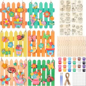 DoubleFill 105 Pcs Summer Crafts Set Hangable Wooden DIY Fence with Small Wooden Signs Paints Color Your Own Wood Fence Gift for Party Activities Art Project Summer Handmade Artwork(Insect)