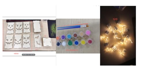 DoubleFill 12 Set Halloween Crafts Kits LED Painting Lantern for Kids 12 Pcs Wooden Lanterns 6 Faces with Colorful Paint 12 Warm White LED String Lights DIY Halloween Decoration for Parties