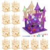 DoubleFill 12 Set Halloween Painting Castle House Crafts Kits DIY Unfinished Wooden Castle with Paint Brush Spider Web String Lights Painting Haunted Kits for Party Supplies Decor