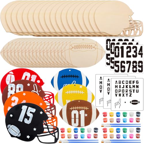 DoubleFill 36 Pcs Football Crafts for Kids Unfinished Large Wooden Footballs Cutout Paint Craft Kit for DIY Crafts Footballs Theme Party Decorations Goodie Bag Gift Prize (Helmet and Football)