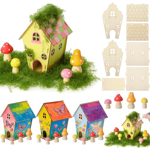 DoubleFill 3 Sets Wooden Fairy House Craft Kit for Kids - Classroom DIY Fairy Garden with Paints & Decorations - School Arts Crafts & Birthday Gift for Activity Party Decor (Classic Style)
