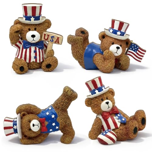 DoubleFill 4 Pcs Patriotic Bear Figurines 4th of July Wooden Table Top Set 250th anniversary Tabletop Decoration Independence Day Small Teddy Bear Centerpiece for USA American Mantel Shelf Party Decor