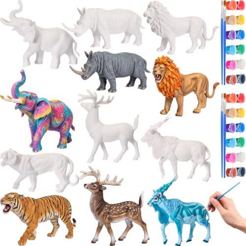DoubleFill 6 Pcs Safari Animal Arts and Crafts Kit for Kids Ages 3+ Paint Your Own Safari Animal Paintable Figurines with Painting Kits Decorate and Drawing 3D Toys for Children Gift Birthday Party