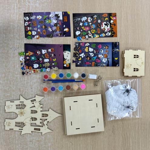 DoubleFill 6 Set Halloween Painting Castle House Crafts Kits DIY Unfinished Wooden Castle with Paint Brush Spider Web String Lights Painting Haunted Kits for Party Supplies Decor
