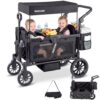 Double Toddler Stroller Wagon Side Entry Foldable Wagon Cart with Canopy, Snack Tray & Convertible Backpack Storage Bag, Black