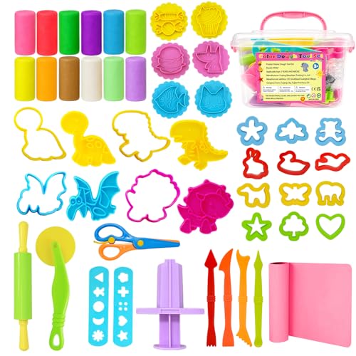 Dough Play Tools Set for Kids, 46Pcs Dough Tools Sets, Accessories Includes Storage Box, Dough Mat, Extruderl, Cutters Roller, Rolling Pins, Educational Toys Gift for Boys Girls