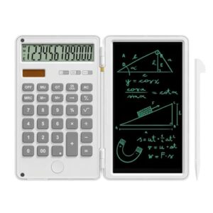 DPEDUAI Calculator with Writing Pad,12-Digit LCD Display, Dual Power Solar + Coin Cell,1-Yr Battery Life Silicone Keys for Comfort Lightweight Portable for Students/Engineers/Professionals (White)
