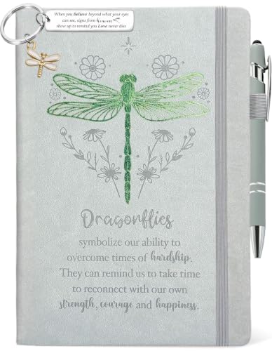 Dragonfly Gifts Women, Dragonfly Journal 200 Pages Notebook A5 Lined with Pen and Keychain, Inspirational Encouragement Gifts for Dragonfly Lovers, Dragonfly Memorial Gift Her (Gray-Green)
