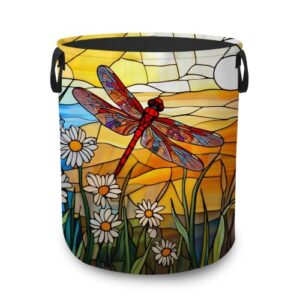 Dragonfly Stained Glass Collapsible Laundry Hamper,Daisy Flower Waterproof Oxford Cloth Clothes Basket with Handles for Bathroom Bedroom Nursery Dorm Room,16" x 20"