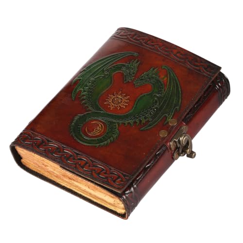 Dragon Leather Journal with Lock – Embossed Green Twin Dragon Grimoire, Book of Shadows, Handmade Vintage 7x5 Notebook for DND, Writing, Drawing, Sketching, Fantasy Gift for Men & Women