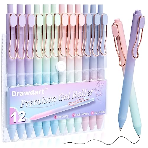 Drawdart Smooth Writing Pens, 12 Pcs No Bleed & Smear, Black Ink Fine Point (0.5mm), Retractable Aesthetic Journaling Pens for Women & Men