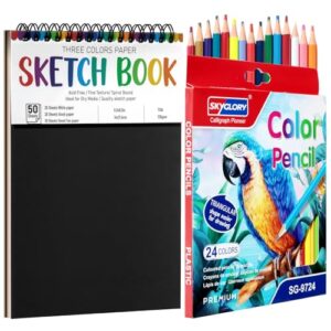 Drawing Sketchbook Kit, A5 Sketch Book with 24 Color Pencils, Three Color Black Sketch Pad, Acid-Free Sketch Pad for Kids, Artist, Art Paper Drawing Supplies for Gifts (5.8×8.3 inch)