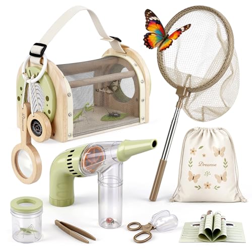 Dreamon Kids Bug Catching Kit, 11PCS Outdoor Toys for Kids Ages 4-8 | STEM Educational Toys Kids Explorer Kit with Wooden Bug Habitat, Bug Vacuum, Butterfly Net and Magnifying Glass