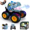 Drefirsa Remote Control Car for Boys 4-7 8-12, Dinosaur Monster Truck Toys with 50min+ Runtime, Spray, LED Light, 360° Rotating & 90° Driving, RC Stunt Car for Kids Birthday