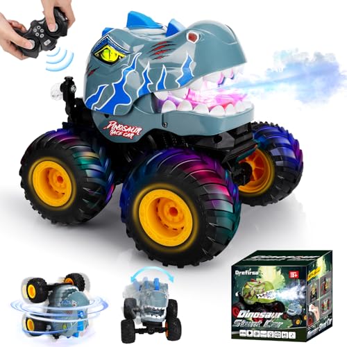 Drefirsa Remote Control Car for Boys 4-7 8-12, Dinosaur Monster Truck Toys with 50min+ Runtime, Spray, LED Light, 360° Rotating & 90° Driving, RC Stunt Car for Kids Birthday