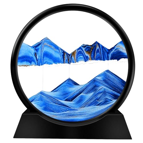 DRIWDOCTER Moving Sand Art Picture Round Glass 3D Deep Sea Sandscape in Motion Display Flowing Sand Frame Relaxing Desktop Home Office Work Decor (12",Blue)