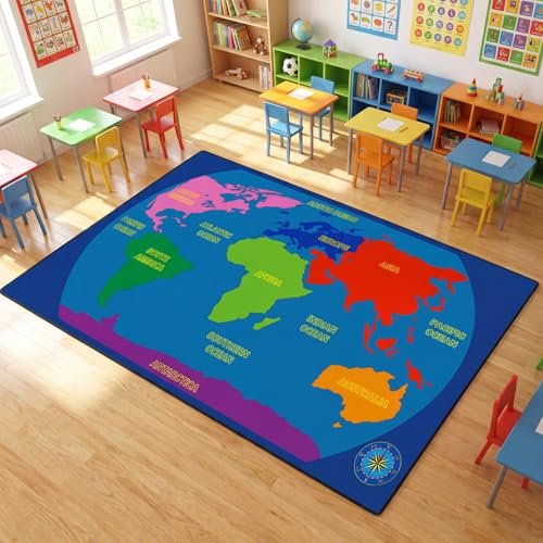 Drydiet Classroom Rug Elementary Educational Daycare Rug 11.8X 6.6ft the World Explorer Map Shapes Large Preschool Carpet for Classroom Playmat for Kids Toddler Nursery School Early Learning