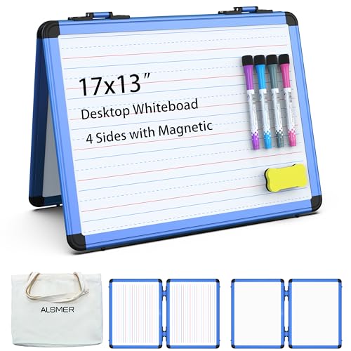 Dry Erase Board, 17x13 inch with 4 Sides Magnetic Whiteboard, A3 Foldable Small White Board with Lines, Perfect for Office, School, and Home. (Blue)
