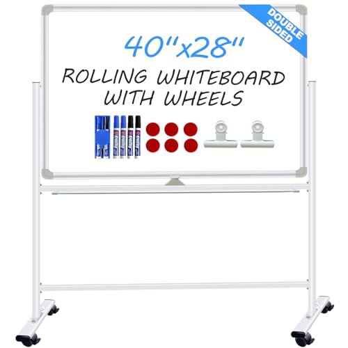Dry Erase Board with Stand - 40x28 Inches Double-Sided Mobile Standing Whiteboard on Wheels, Rolling White Board for Home Classroom Office School, Magnetic Whiteboard Easel for Meeting, Training