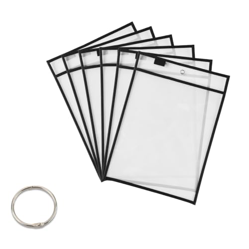 Dry Erase Pocket Sleeves 6 Packs Clear Plastic Paper Sleeves Heavy Duty Job Shop Ticket Holders Pockets 10 x 14 Inch Reusable Sheet Protectors with Binder Ring for Teaching Office Supplies Black