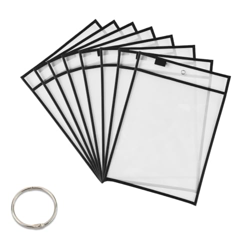 Dry Erase Pocket Sleeves 8 Packs Clear Plastic Paper Sleeves Heavy Duty Job Shop Ticket Holders Pockets 10 x 14 Inch Reusable Sheet Protectors with Binder Ring for Teaching Office Supplies Black