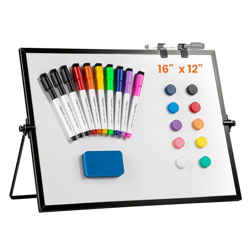 Dry Erase WhiteBoard, Aisuoker 16 x 12inch Magnetic Desktop Whiteboard with Stand, 10 Markers, 10 Magnets and 1 Eraser, Portable Double-Sided White Board for Kid Drawing Memo to Do and List Wall-Black