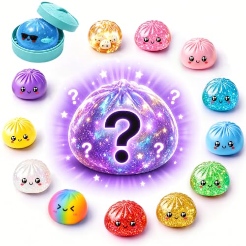 Dumpling Fidget Squishy Mystery Box, Random 1 of 18 Colors, Glitter Cute Dumpling Toy Squishies, Soft Stretchy Sensory Squeeze Toys for Anxiety Stress Relief, Party Favors Birthday Gifts Adults Kids