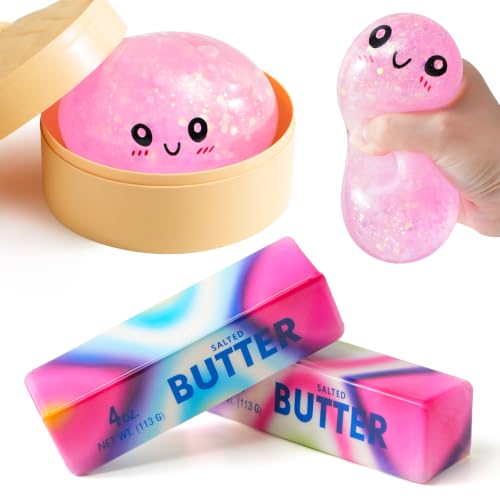 Dumpling Squishy 2 Packs Butter Squishy, Glitter Dumpling Squeeze Mystery Box Squeeze Fidget Toys Slow Rising Squishies Stress Balls for Anxiety Relief, Party Favors Gifts for Kids & Adults