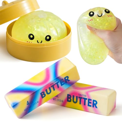 Dumpling Squishy 2 Packs Butter Squishy, Glitter Dumpling Squishys Mystery Box Squeeze Fidget Toys Slow Rising Squishies Stress Balls for Anxiety Relief, Party Favors Gifts for Kids & Adults