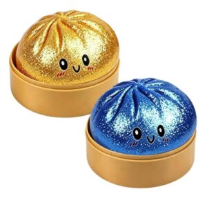 Dumpling Squishy, Dumpling Squishy Mystery Box, Slow Rising Fidget Toys, Handmade Pressure Relief Balls with Food Steamer, Dumplings Style Stress Balls (Gold+Blue)