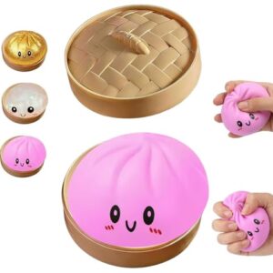 Dumpling Squishy, Mystery Squishy Dumpling Box, Soft Squeeze Dough Ball for Stress Relief, Easter Basket Stuffers, Stretchy Bun with Mini Food Steamer Desk Fidget Toy for Adults (Pink)