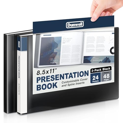 Dunwell 8.5x11 Portfolio Binder (Horizontal), Plastic Presentation Book, 24 Pockets Displays 48 Pages of Letter Size Documents, Certificates, Keepsakes, Art Portfolio Folder, 2 Pack, Black