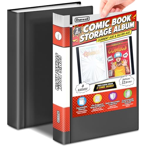 Dunwell Comic Book Storage Album (2 Pack), For Current, Silver Age, Regular Bagged and Boarded, Binder with 6 Super Heavyweight Sleeves, Clear View Cover and Spine, Gift for Comic Collectors