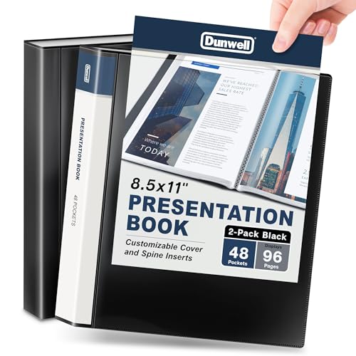 Dunwell Presentation Binder 48-Pocket, Displays 96 Pages, 8.5x11 Portfolio Binder with Plastic Sleeves, Storage and Organizer for Documents, Photos, Kids Artwork, Projects, Recipes (2 Pack, Black)
