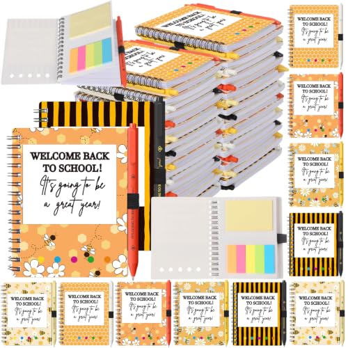 Dunzoom 100 Pcs Welcome Back to School Gifts Bulk Spiral Notebooks with Sticky Notes Motivational Pens First Day of School Notepads Party Favor for Teacher Student Classroom(Bee)