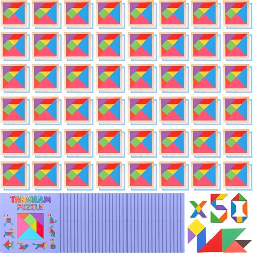 Dunzoom 50 Pack Tangram Puzzle Wooden Pack Bulk Kid Party Favors Stem Jigsaw Game Educational Shape Puzzle Toy Goodie Box Stuffer for Kids 4-8 Classroom Prize Reward Birthday (Pastel Pink Purple)