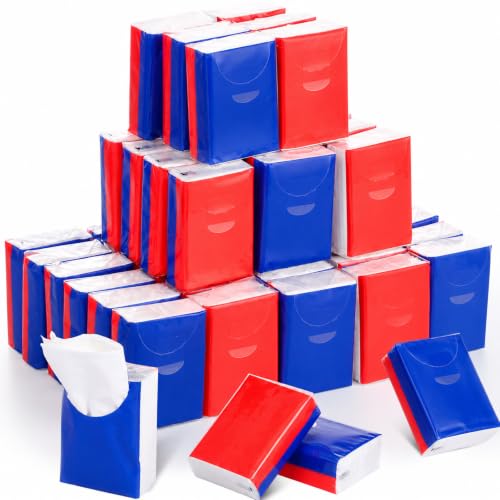 Dunzoom 50 Pack Travel Tissue Packs Bulk Mini Pocket Tissues Facial Tissue Travel Packs for Outing Wedding Party Favors Family Holiday Office, 4 Ply 7 Sheets(Red and Blue,Patriotic)