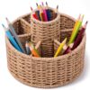 Dunzoom Woven Rotating Art Supply Desk Organizer Woven Rotating Pen Holder Rattan-inspired Wicker Style Pencil Cup for Art Studio Office Vanity Kitchen