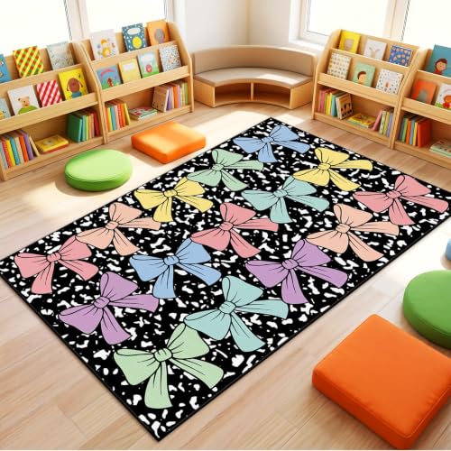 Dunzy 5 x 7.6 ft Large Classroom Area Rug for Back to School Decor, Pastel Bow Educational Carpet for Teachers, Reading Corner, Playroom, Daycares, Learning Space Activities Supplies