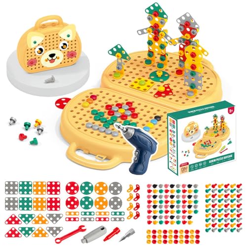 Duokon Montessori Play Toolbox, ABS Toddler Power Tools with 204 Pieces Electric Drill Pegboard Building Kit, Creative Engineering Storage Box for Boys Girls Preschool DIY Play (Yellow)