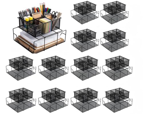 Duraaamo 12 Pcs Black Team Material Metal Caddy 11.25 x 12.5 Inch, Classroom Table Storage Caddy, Teacher Supply Storage Basket Organizer for Classroom Supply, Office, Table, Desk, Craft Art, Pencil
