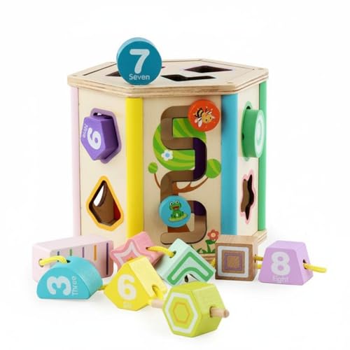 DuskHaven Children Shape Sorting Wooden Shape Sorter Matching Box Counting Blocks Lacing Set Solid Wood Boosts Recognition and Problem Solving Suitable for Home Nursery Preschool