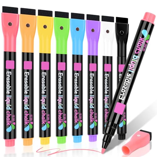 DUULEMANG Magnetic Wet Erase Markers, Liquid Chalk Markers Fine Tip Whiteboard Marker for Acrylic Calendar, Mirrors, Clear Glass, Planning Board Wet Wipe Pens, 8 Pack