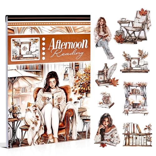 Dwpetzo Afternoon Reading Sticker Book for Adults Journaling, 20 Diecut PET Washi Paper Scrapbook Stickers Sheets, Ephemera for Junk Journals Supplies, Scrapbooking, Collage, Bujo, A5