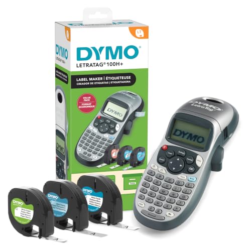 DYMO Label Maker Machine with 3 Tapes - 100H LetraTag Handheld, Includes 3 LT Label Tapes, Perfect for Home & Office Organization
