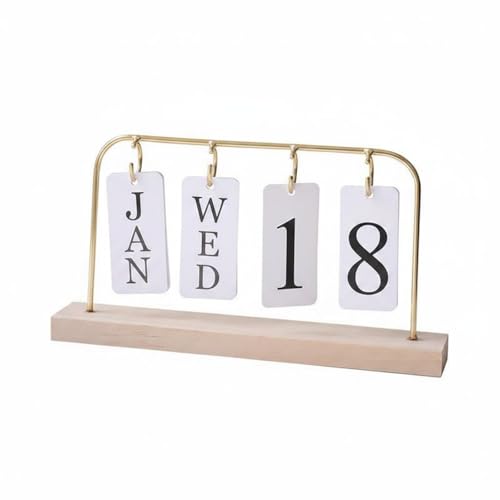 DYNWAVE Desk Calendar Display Desk Calendar Table Calendar Calendar With Wood And Iron Construction And Paper Date Cards Suitable for office desk home study classroom reception counter , Gold , Flip Calendar